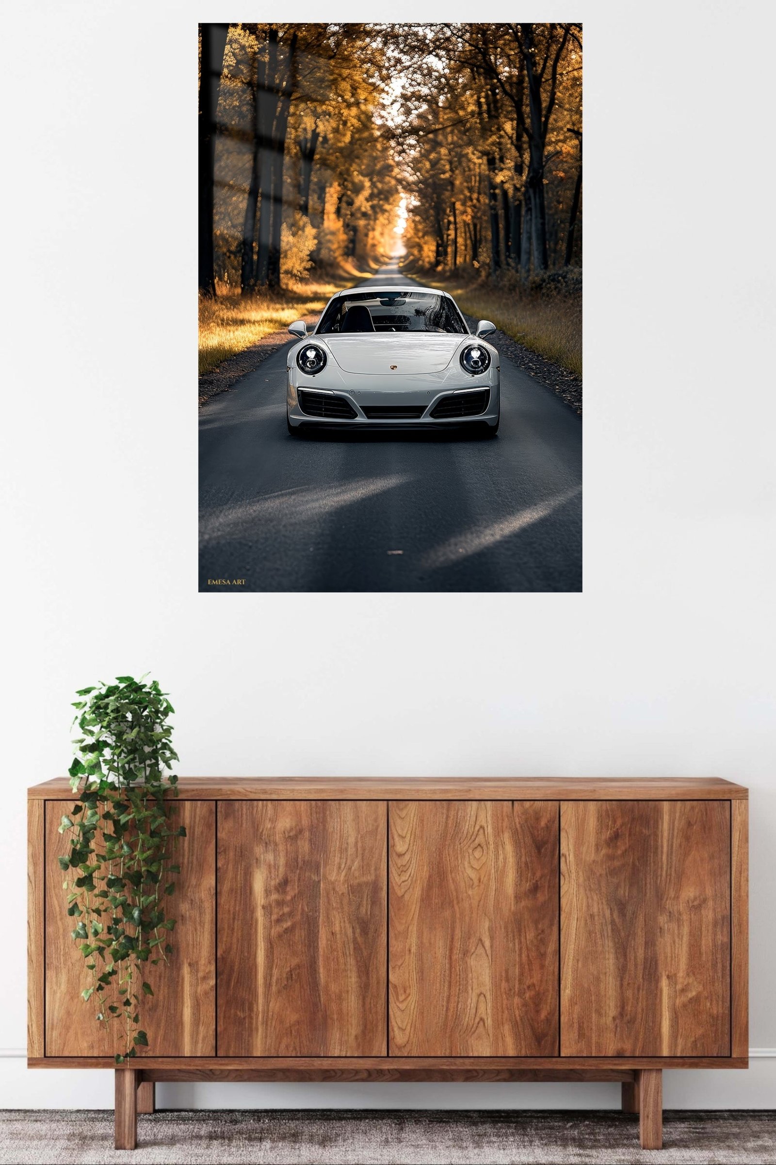 White Sports Car on a Golden Tree-Lined Road metal wall art print, view 5