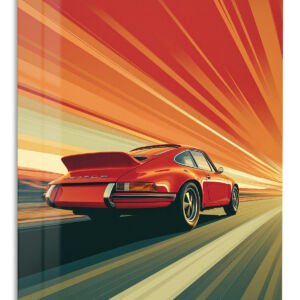 Red Sports Coupe Sunset Drive metal wall art print
