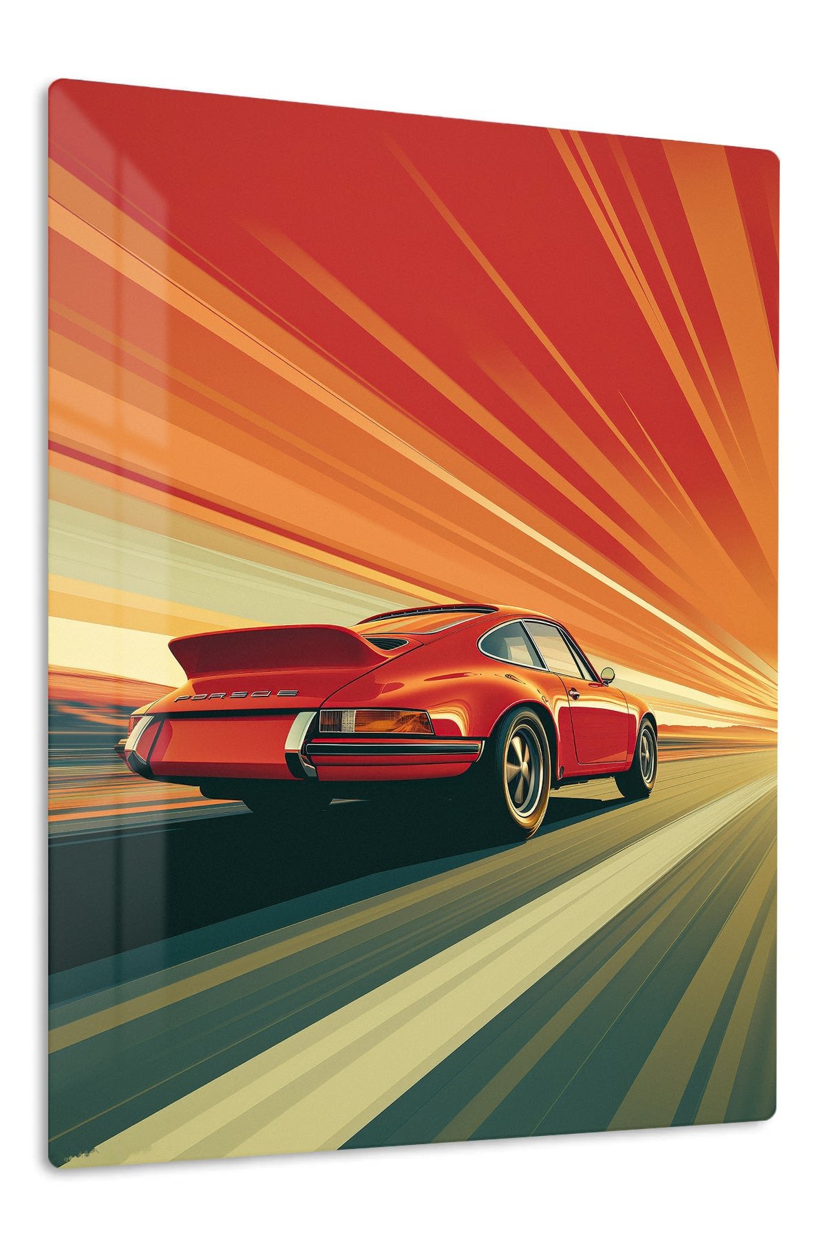 Red Sports Coupe Sunset Drive metal wall art print