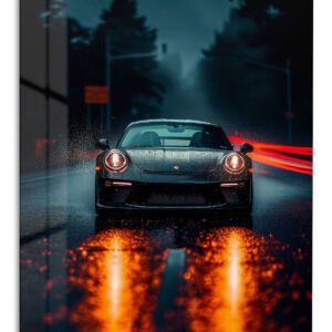 Rainy Night Sports Car metal wall art print