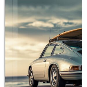 Classic Coupe with Surfboard at Sunset metal wall art print