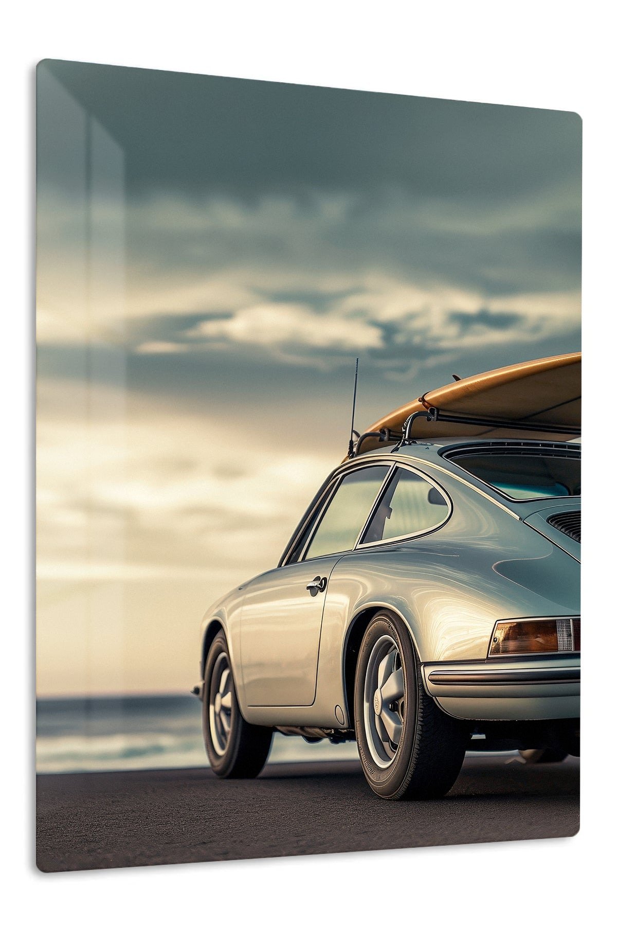 Classic Coupe with Surfboard at Sunset metal wall art print