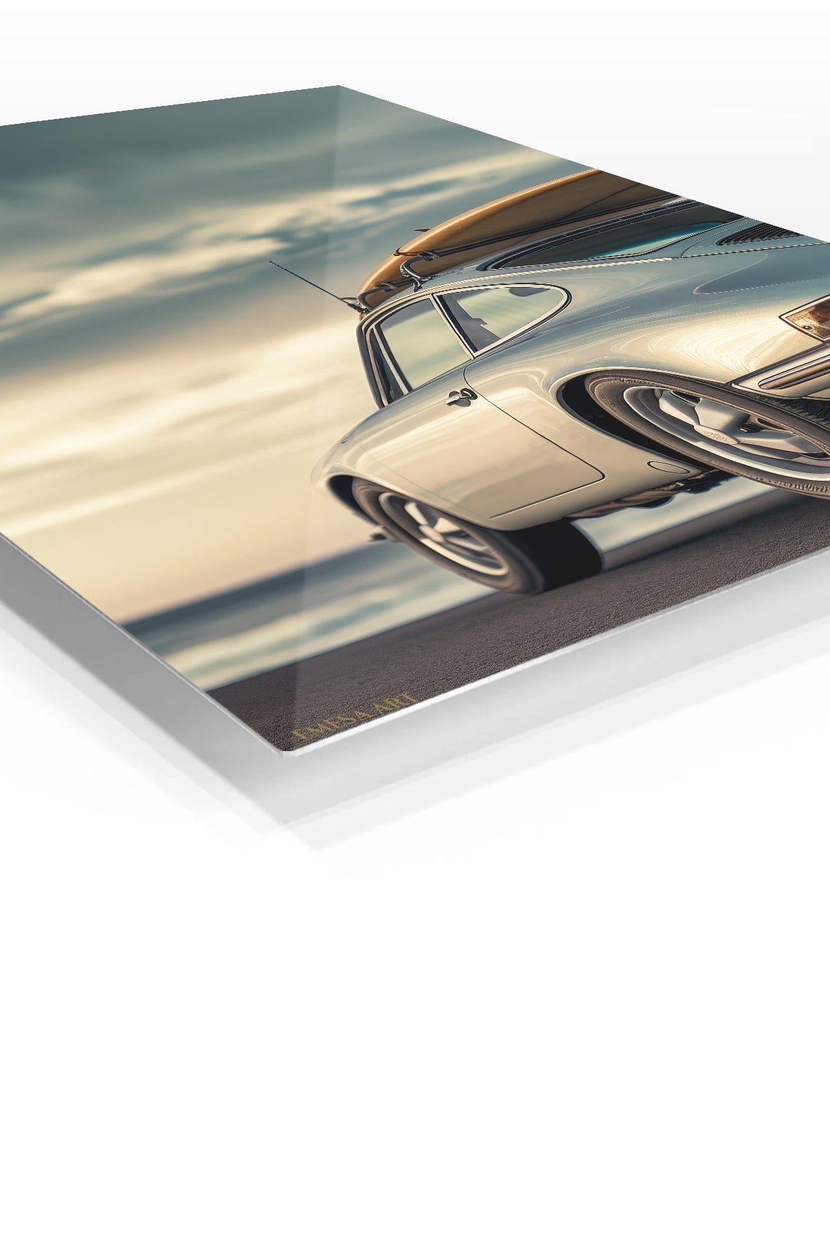 Classic Coupe with Surfboard at Sunset metal wall art print, view 2