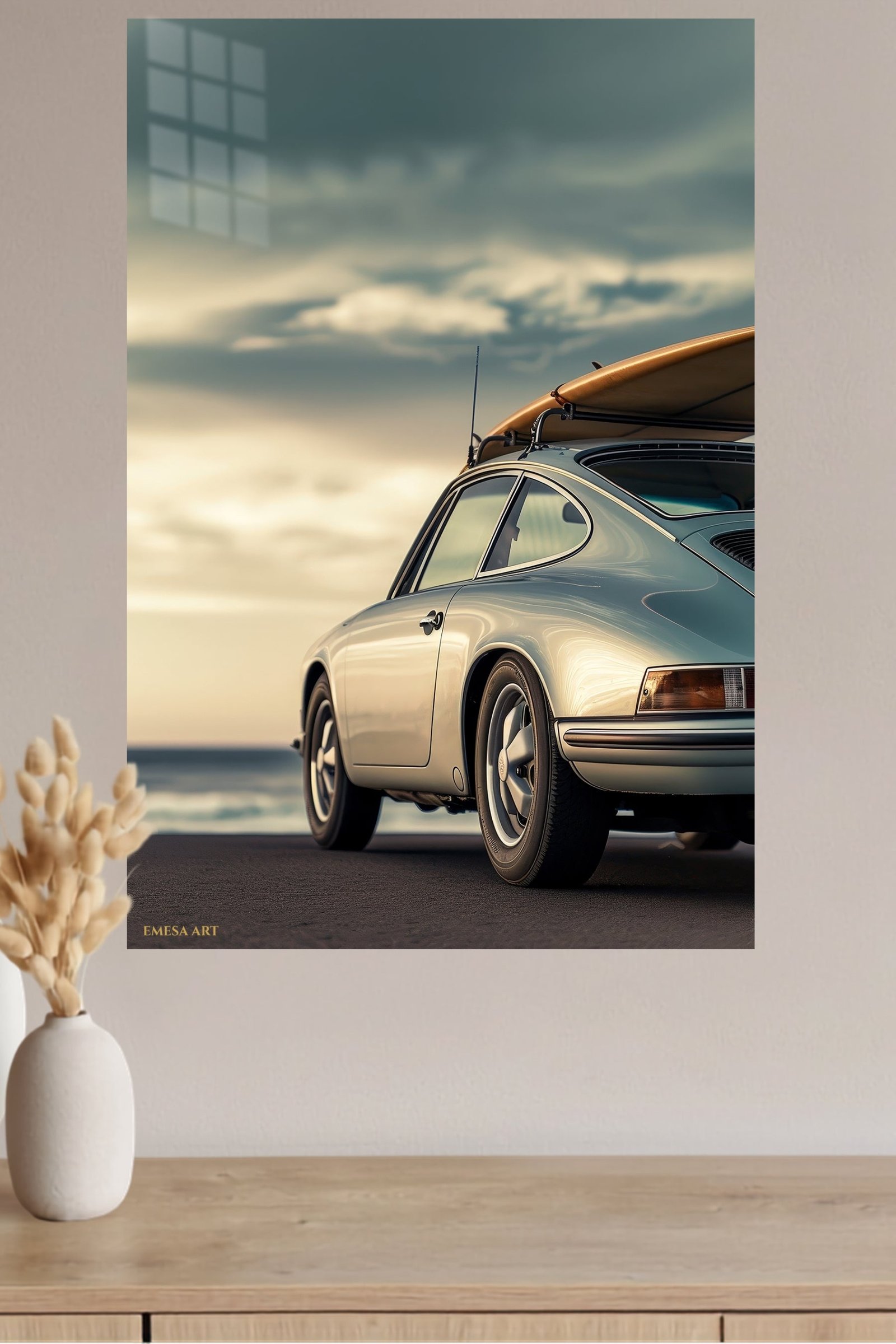 Classic Coupe with Surfboard at Sunset metal wall art print, view 4