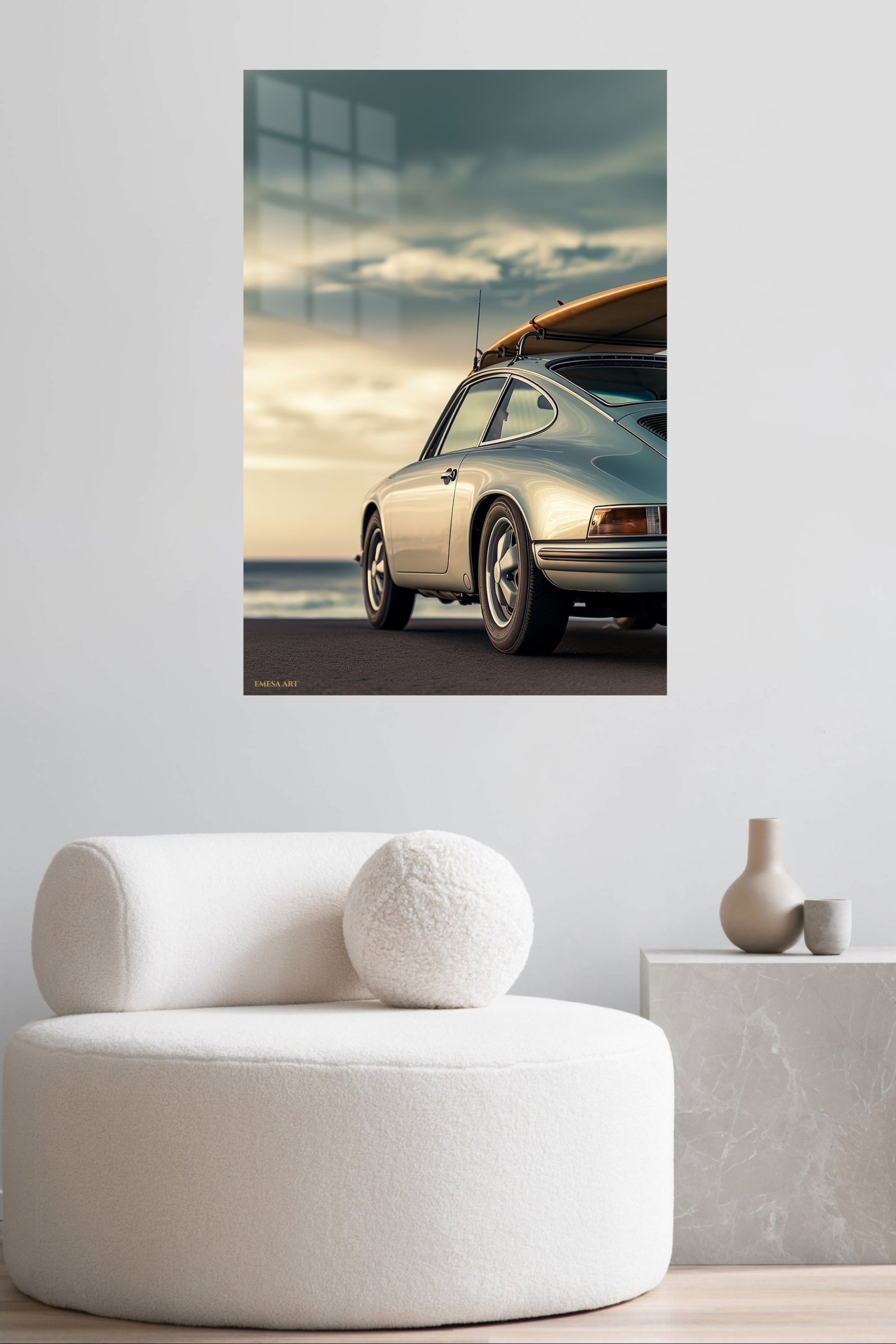 Classic Coupe with Surfboard at Sunset metal wall art print, view 5