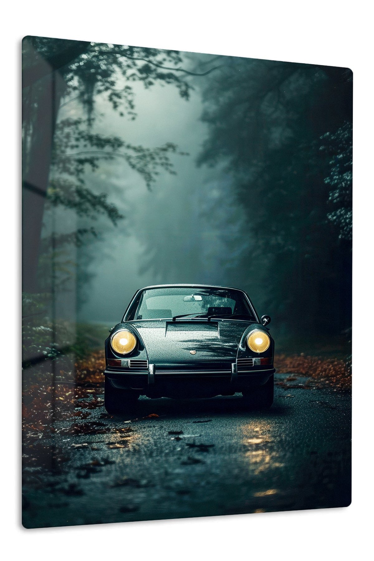 Classic Car in Misty Forest metal wall art print