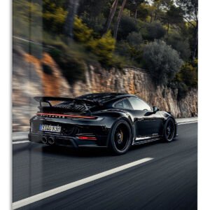 Black Sports Car Forest Drive metal wall art print