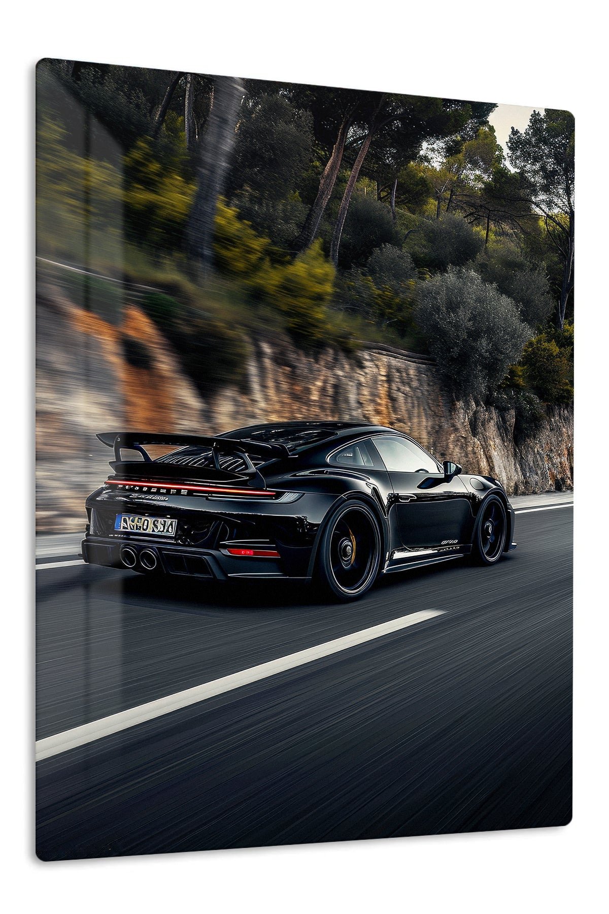 Black Sports Car Forest Drive metal wall art print