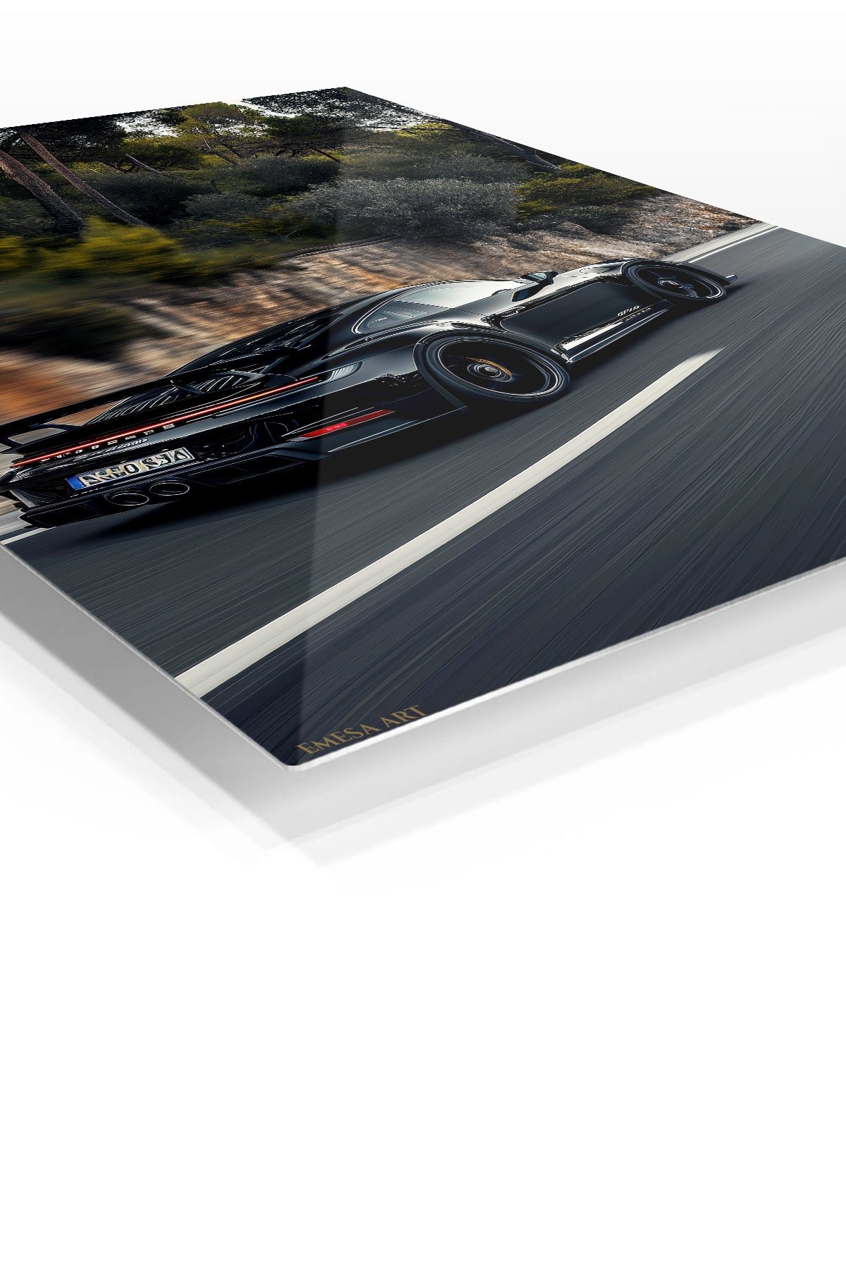 Black Sports Car Forest Drive metal wall art print, view 2
