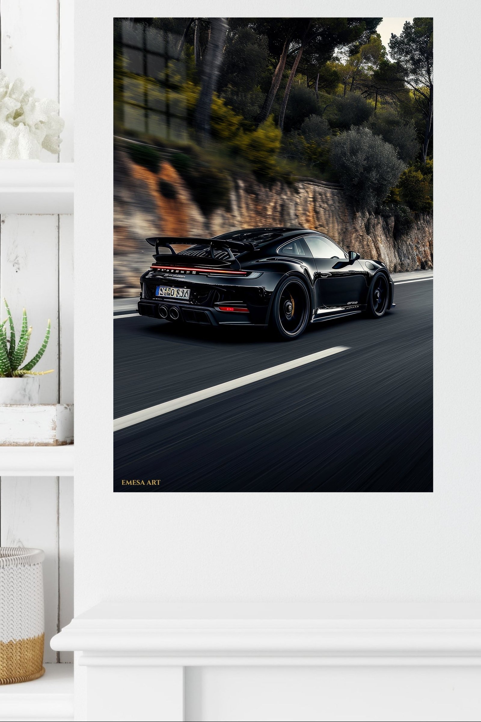 Black Sports Car Forest Drive metal wall art print, view 4
