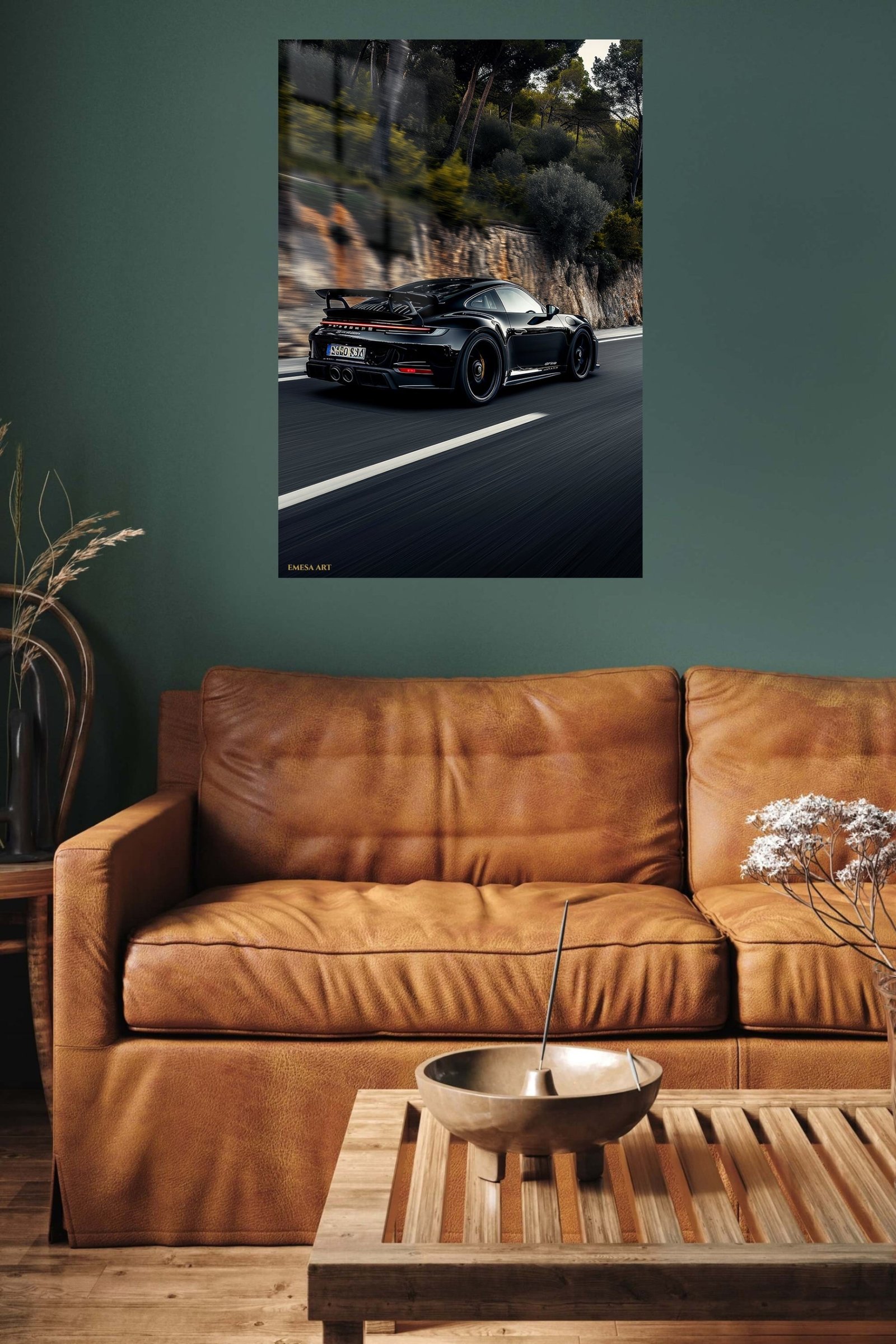 Black Sports Car Forest Drive metal wall art print, view 5