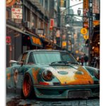 Rainy Street Classic Sports Car metal wall art print