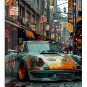 Rainy Street Classic Sports Car metal wall art print