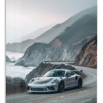 Silver Track Car on Misty Coastal Road metal wall art print