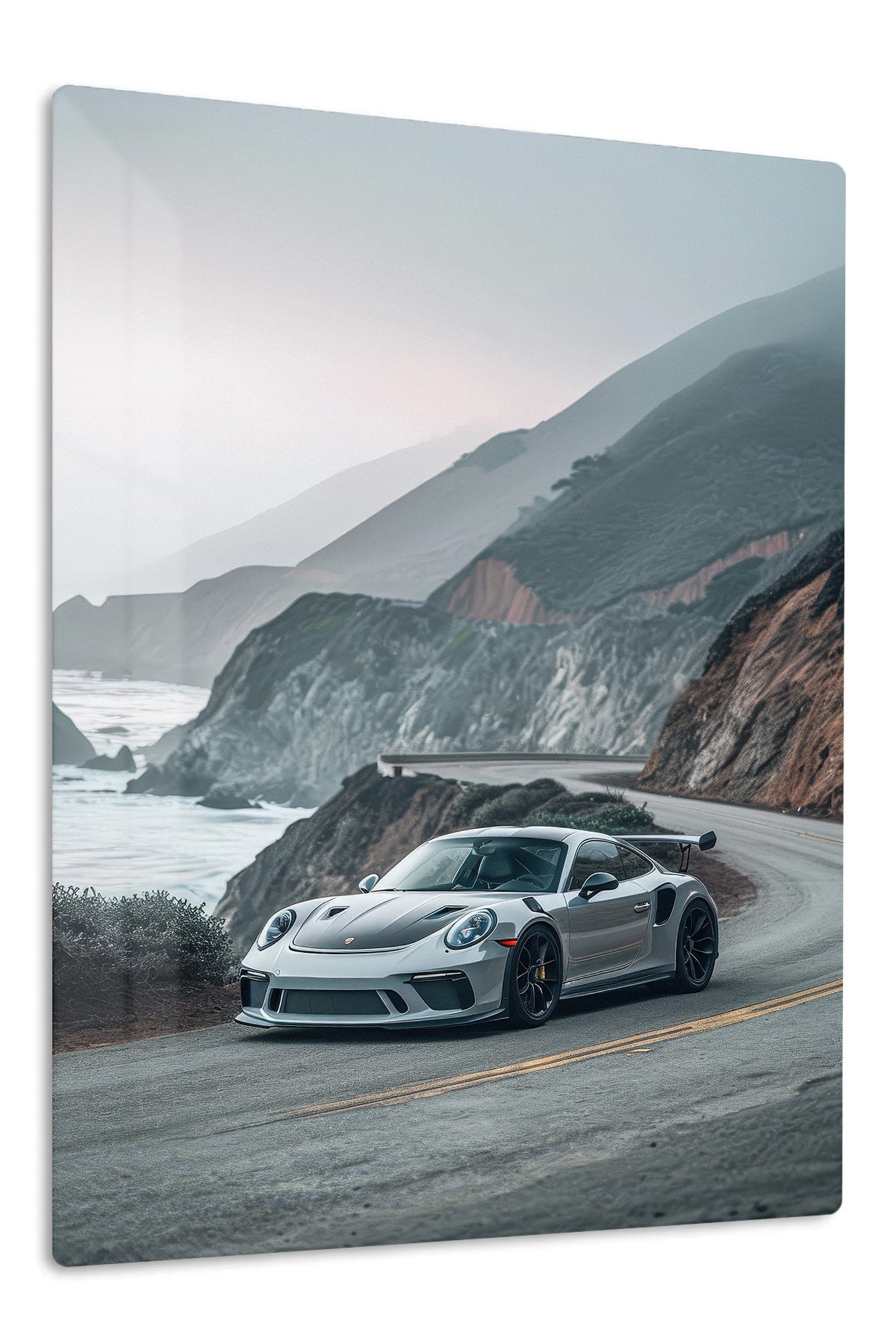 Silver Track Car on Misty Coastal Road metal wall art print