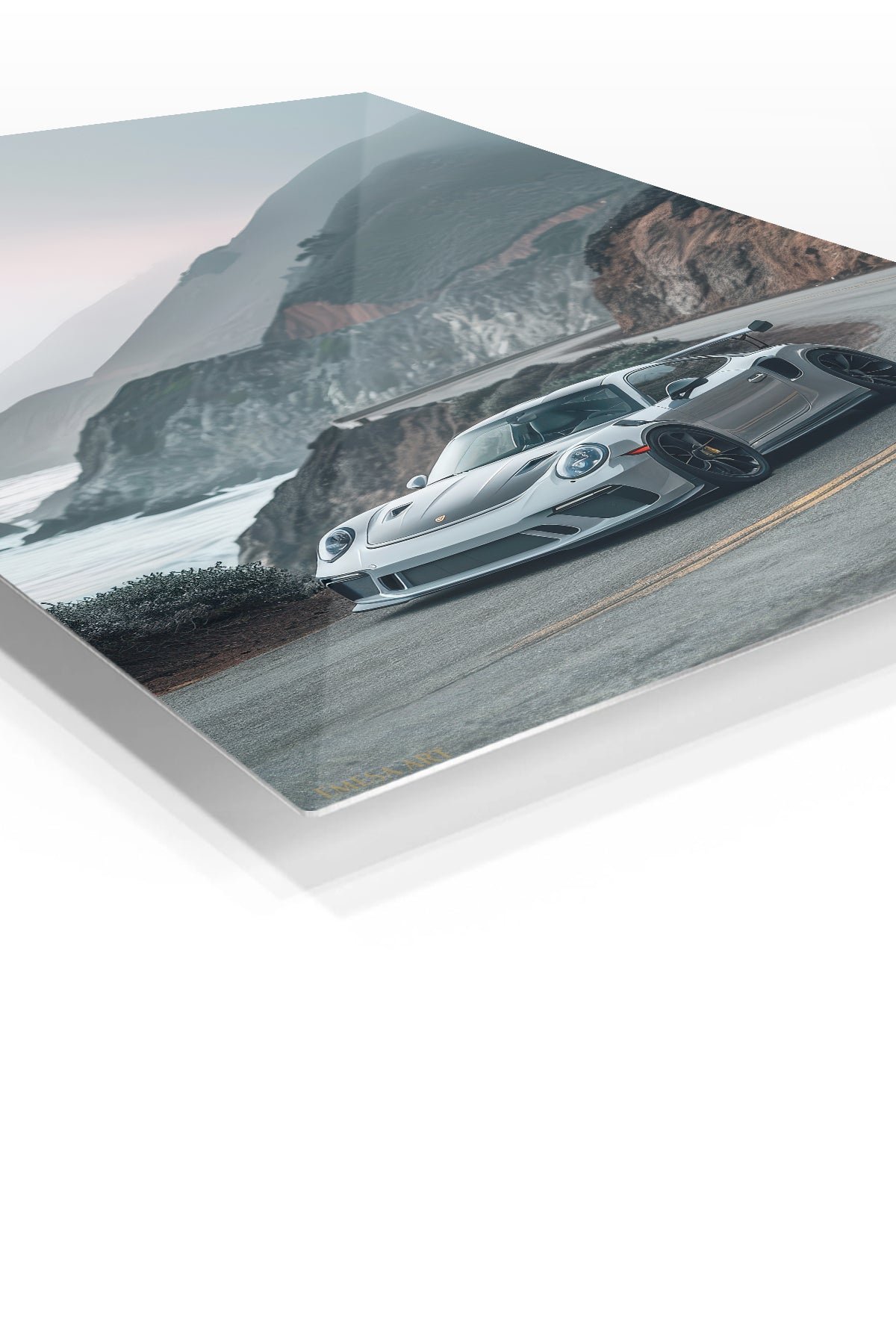 Silver Track Car on Misty Coastal Road metal wall art print, view 2