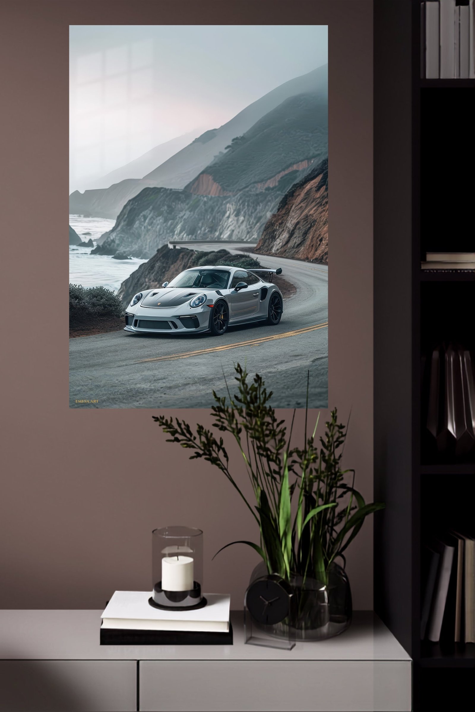 Silver Track Car on Misty Coastal Road metal wall art print, view 4