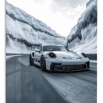 White Sports Car in an Icy Mountain Pass metal wall art print