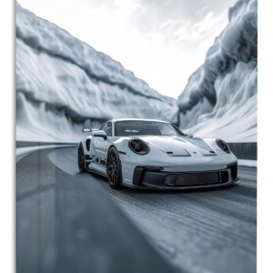 White Sports Car in an Icy Mountain Pass metal wall art print