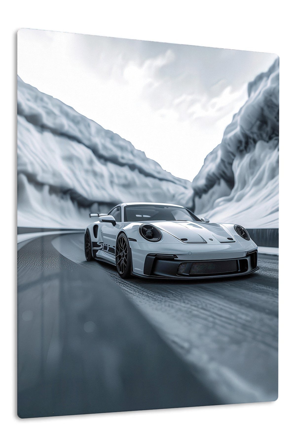 White Sports Car in an Icy Mountain Pass metal wall art print