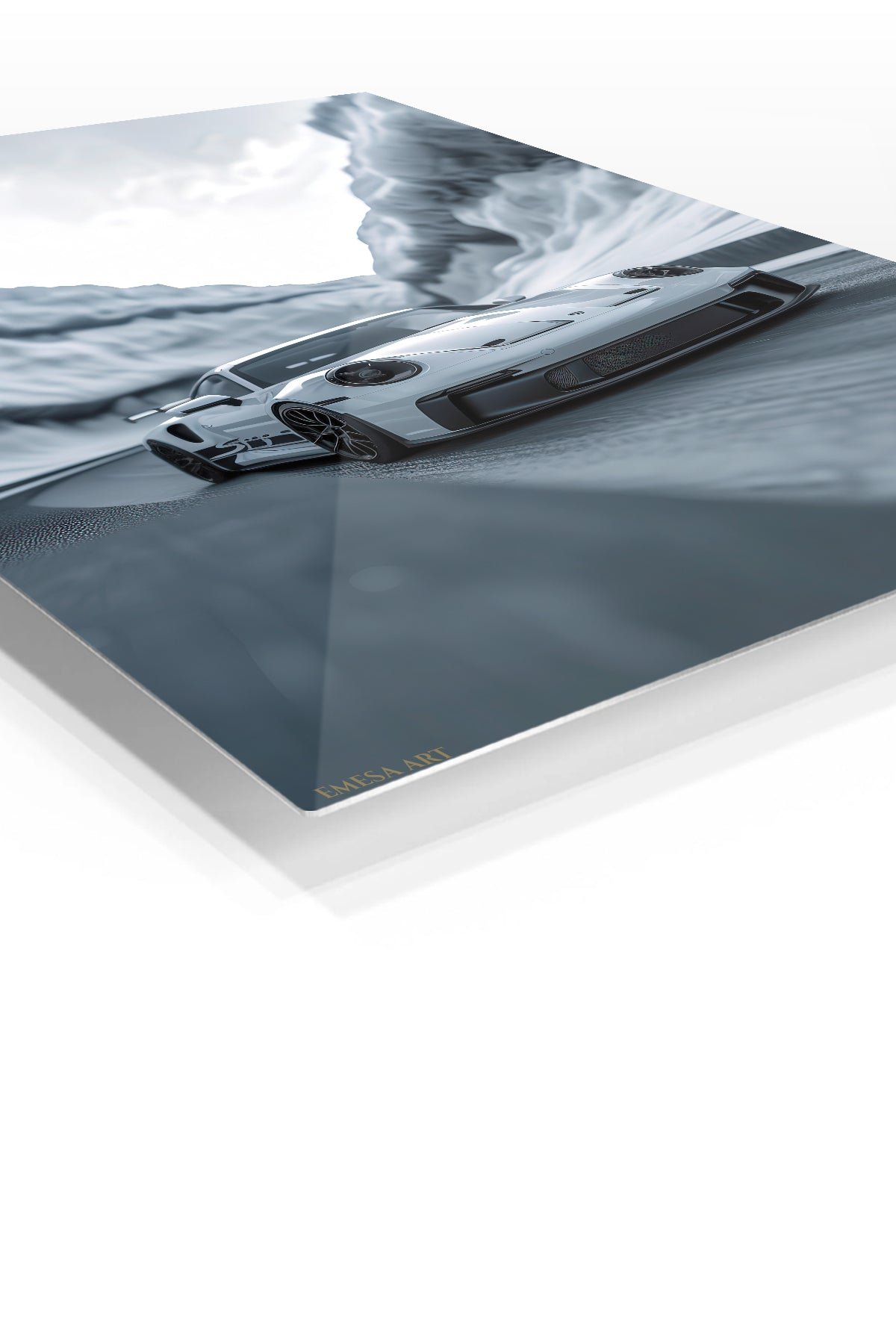 White Sports Car in an Icy Mountain Pass metal wall art print, view 2