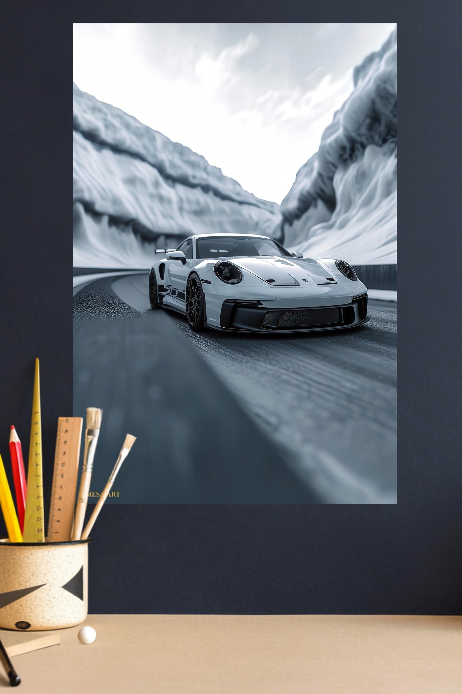 White Sports Car in an Icy Mountain Pass metal wall art print, view 4