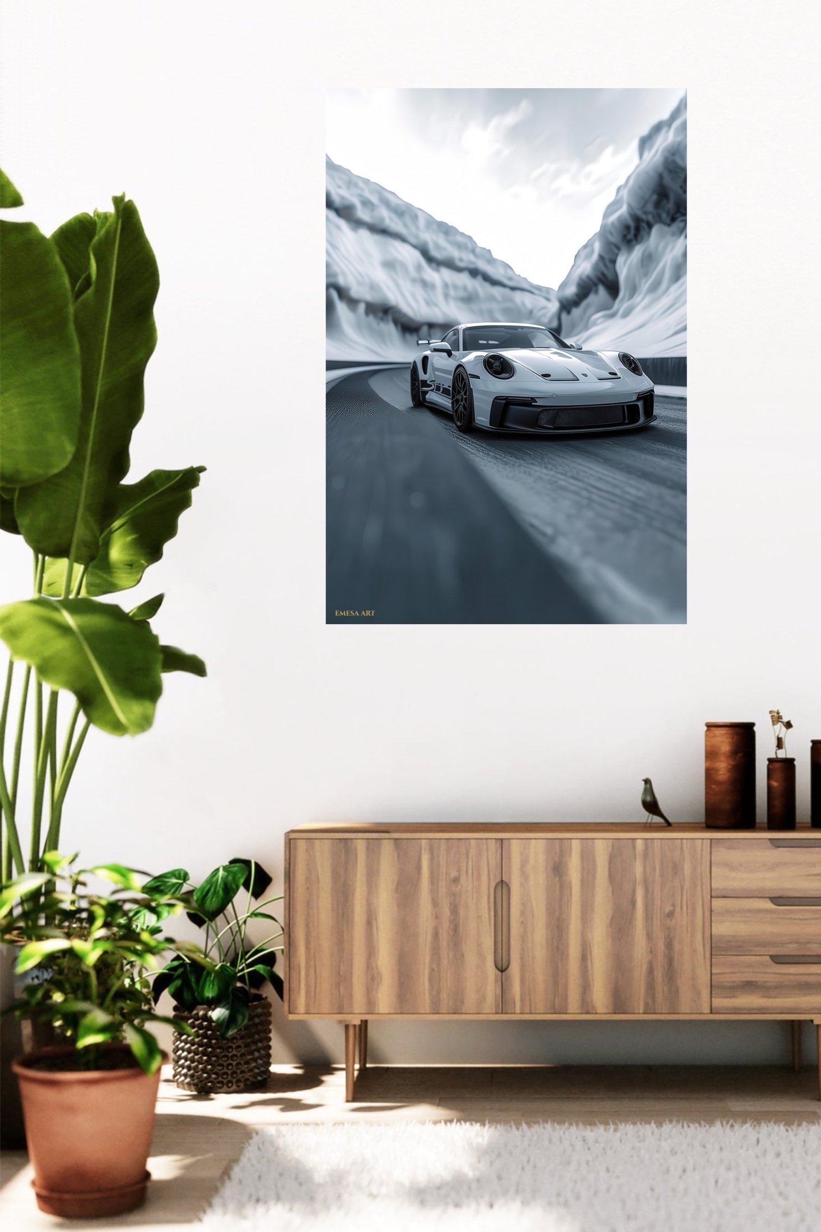 White Sports Car in an Icy Mountain Pass metal wall art print, view 5