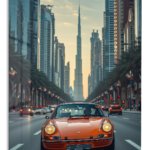 Orange Classic Sports Car City Drive metal wall art print