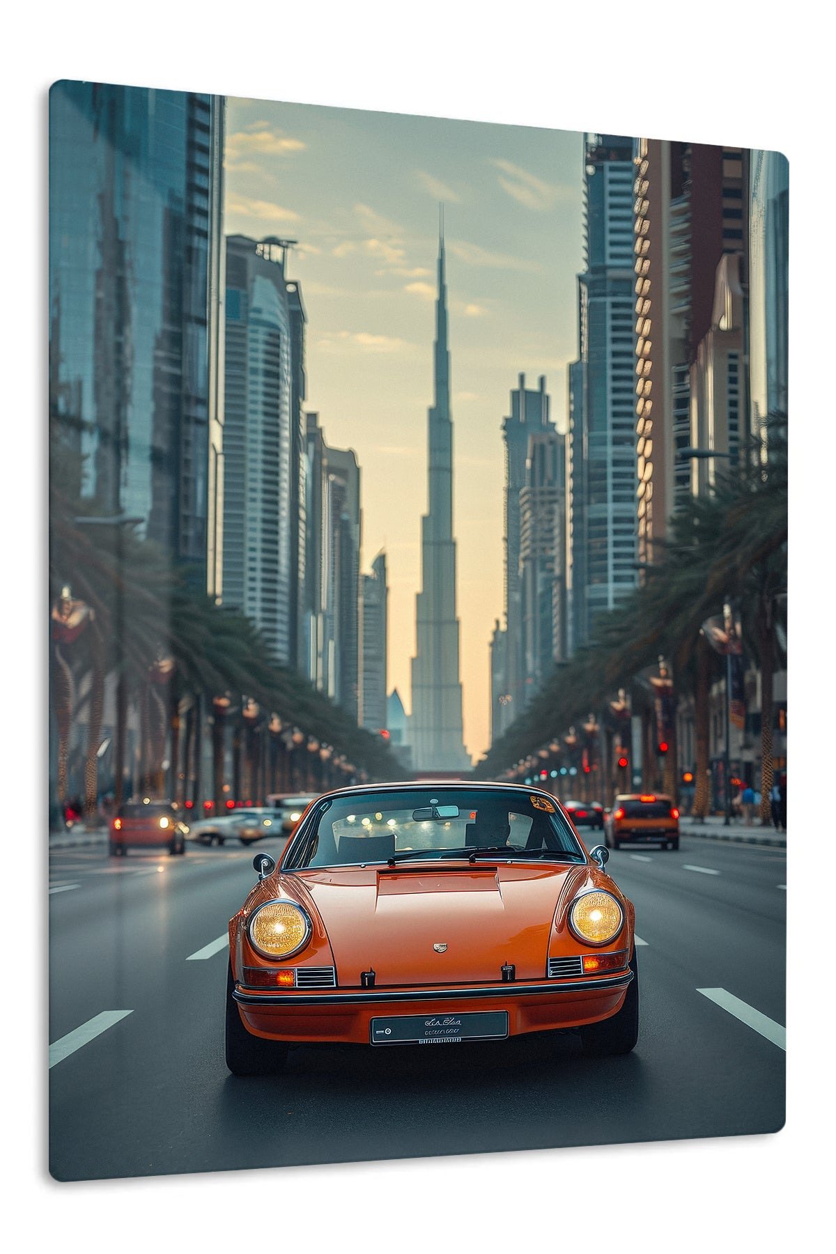 Orange Classic Sports Car City Drive metal wall art print