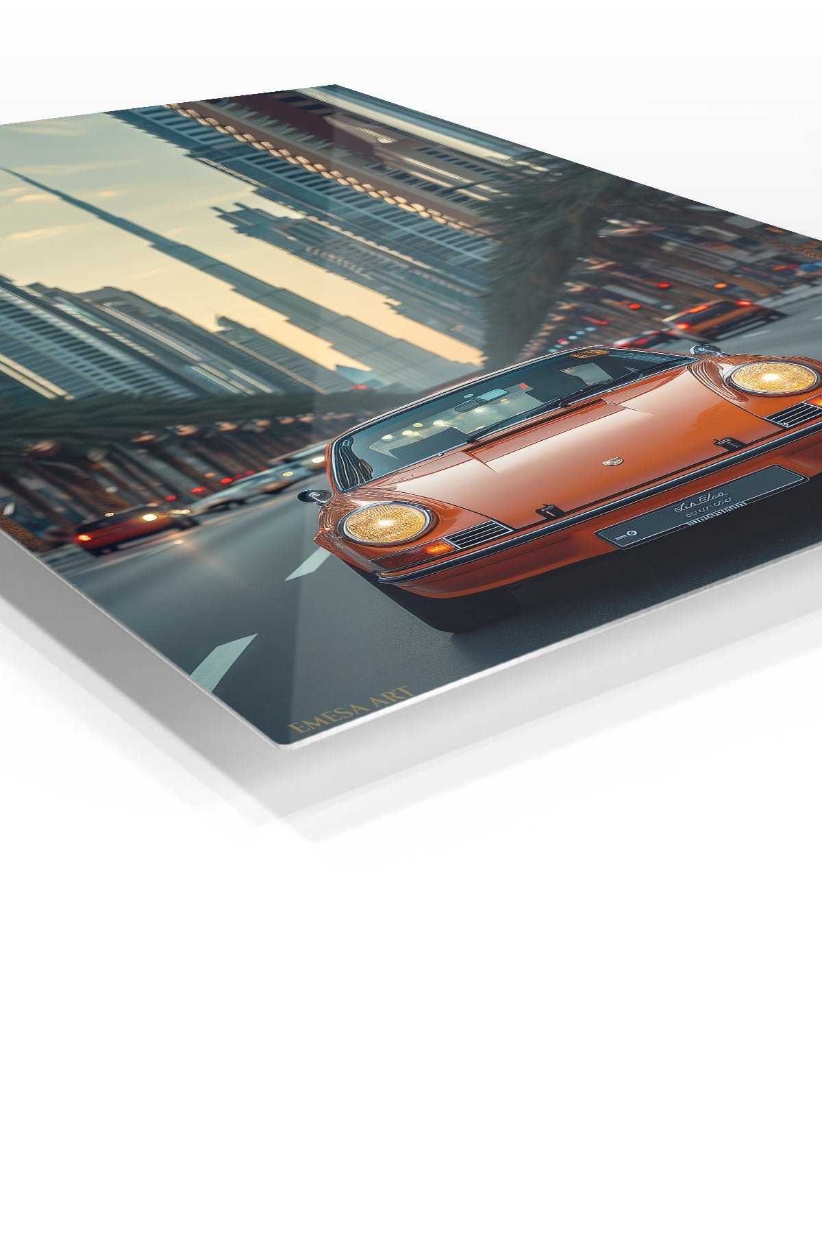 Orange Classic Sports Car City Drive metal wall art print, view 2