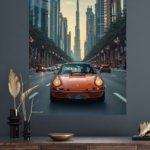 Orange Classic Sports Car City Drive metal wall art print, view 4
