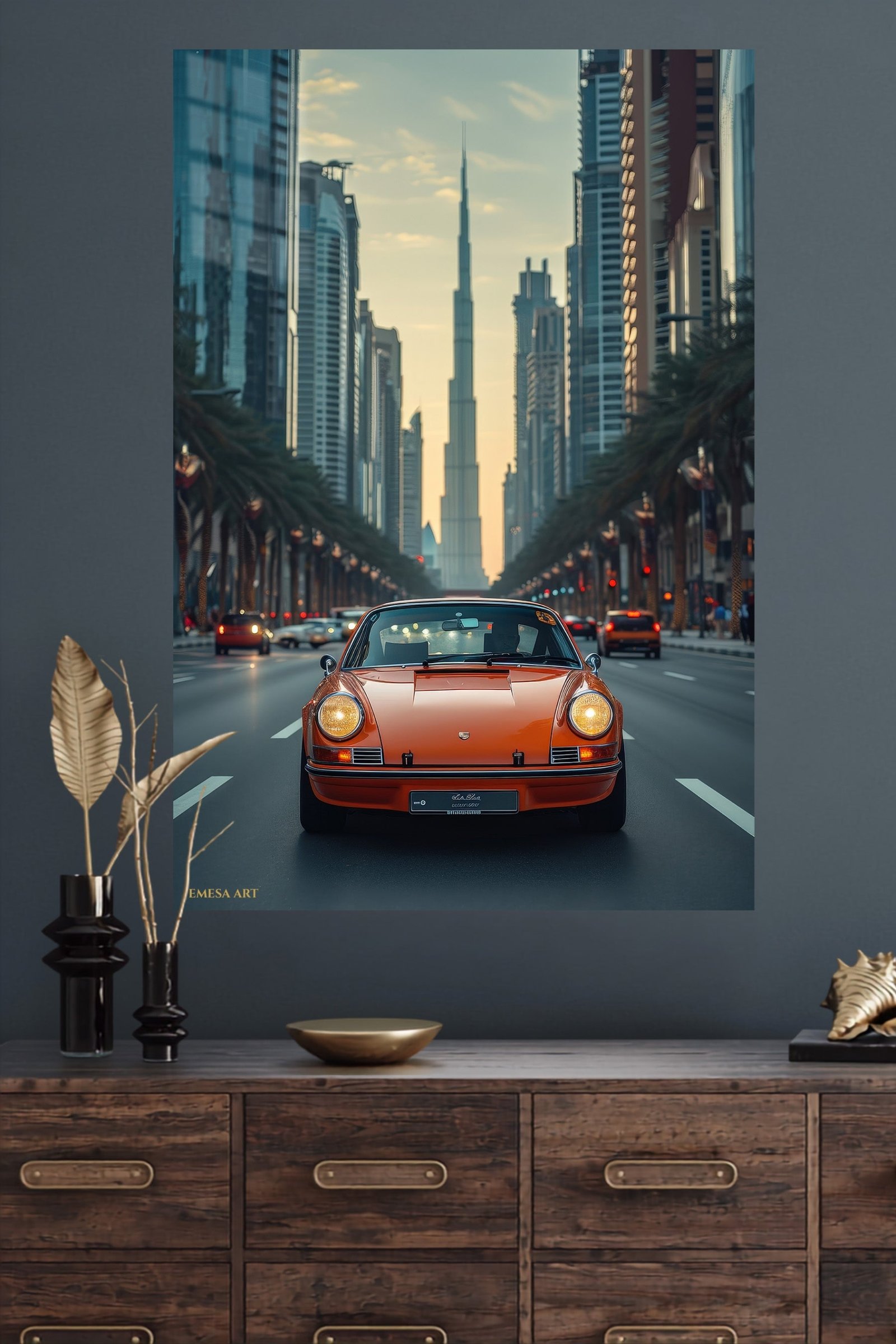 Orange Classic Sports Car City Drive metal wall art print, view 4