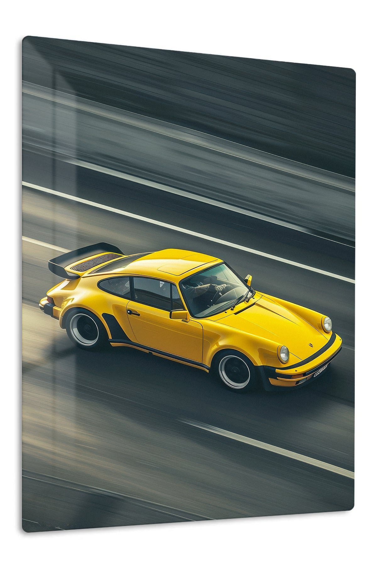 Yellow Vintage Sports Car in Motion metal wall art print