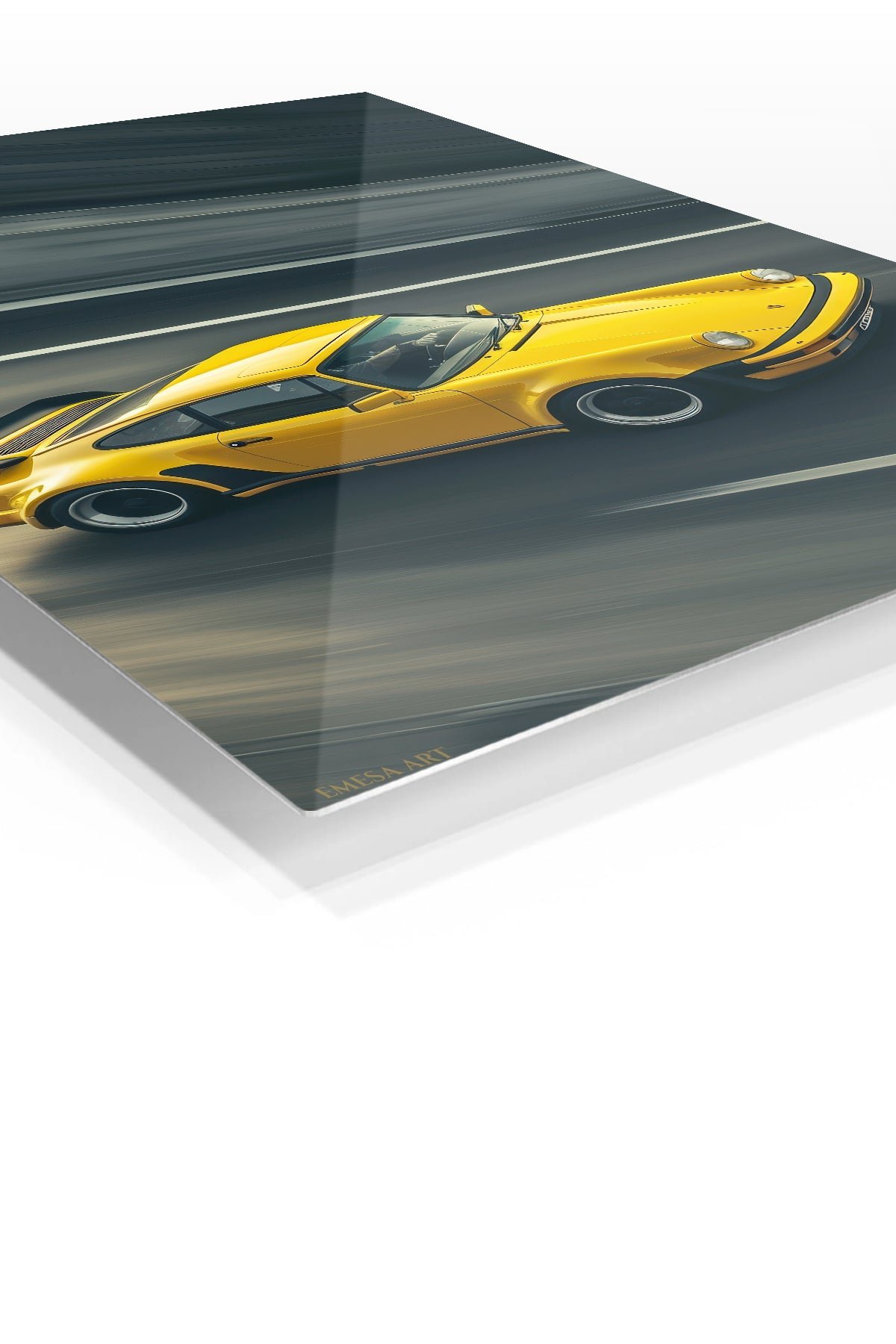 Yellow Vintage Sports Car in Motion metal wall art print, view 2