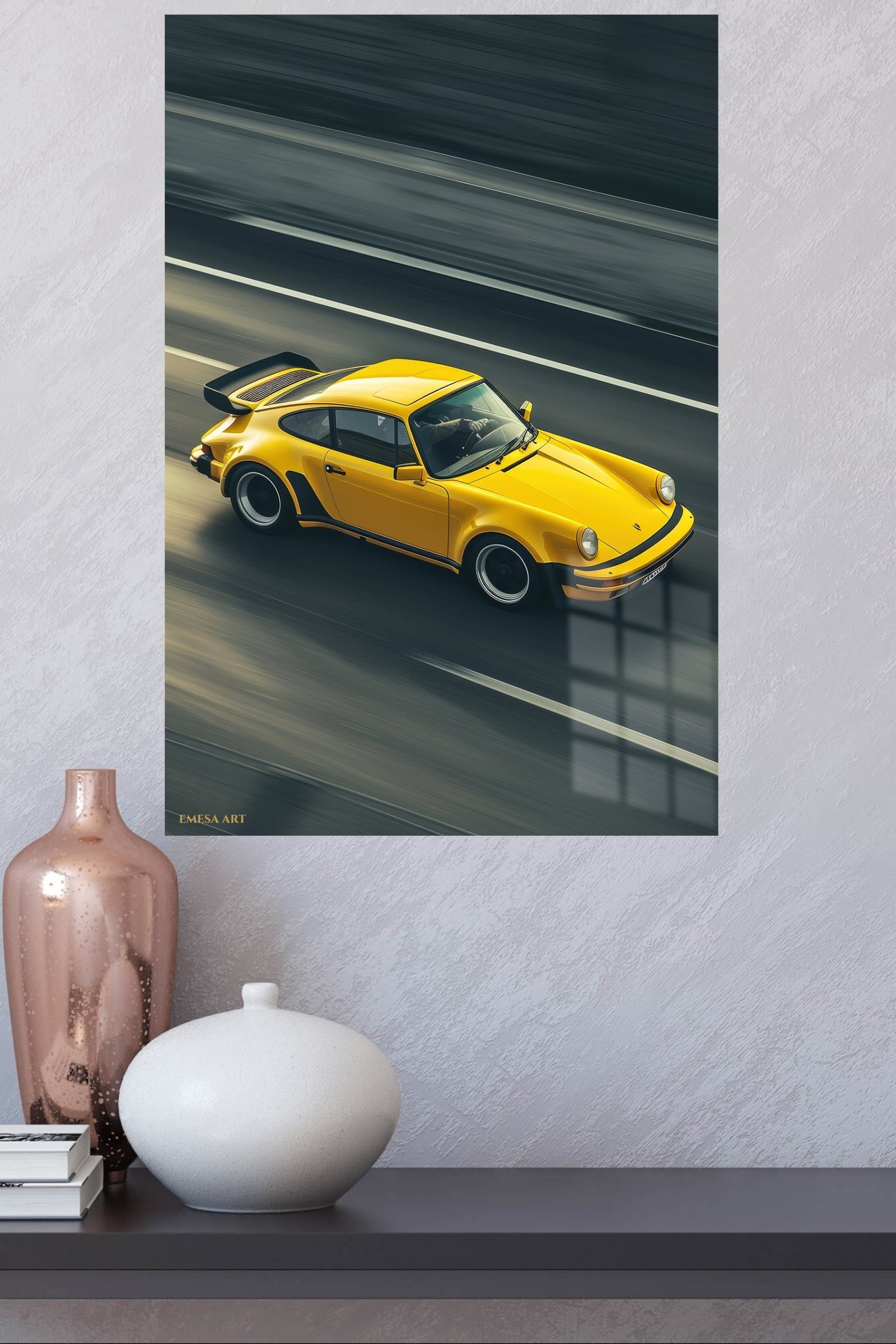 Yellow Vintage Sports Car in Motion metal wall art print, view 4