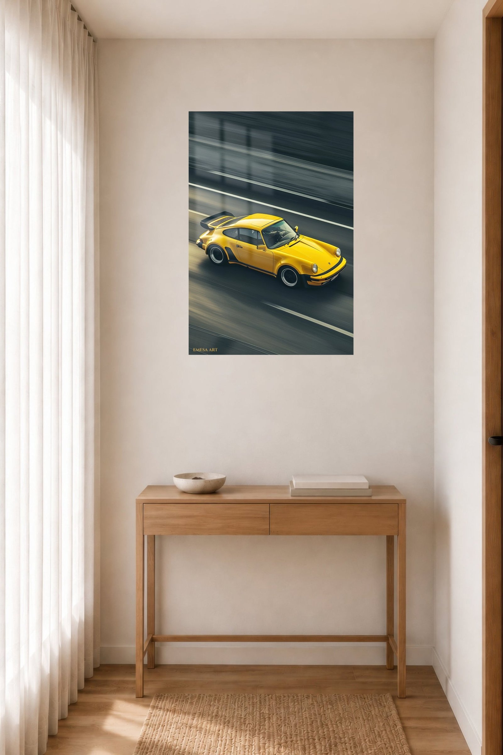 Yellow Vintage Sports Car in Motion metal wall art print, view 5
