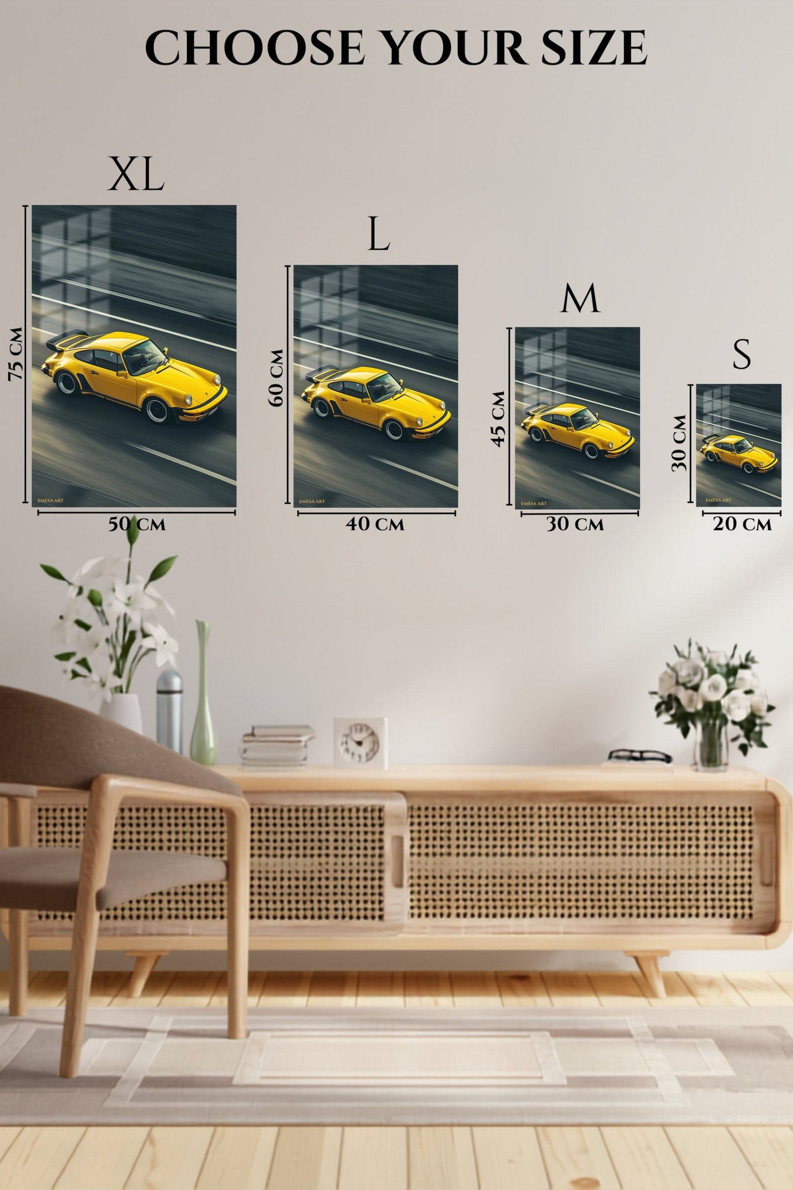 Yellow Vintage Sports Car in Motion metal wall art print, view 6