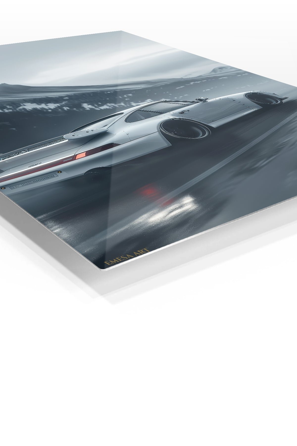 Silver Sports Car in Mountain Mist metal wall art print, view 2