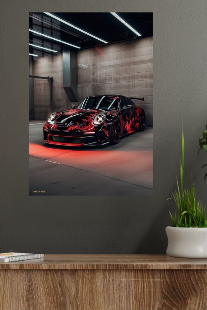 Red Lightning Sports Car metal wall art in a modern interior