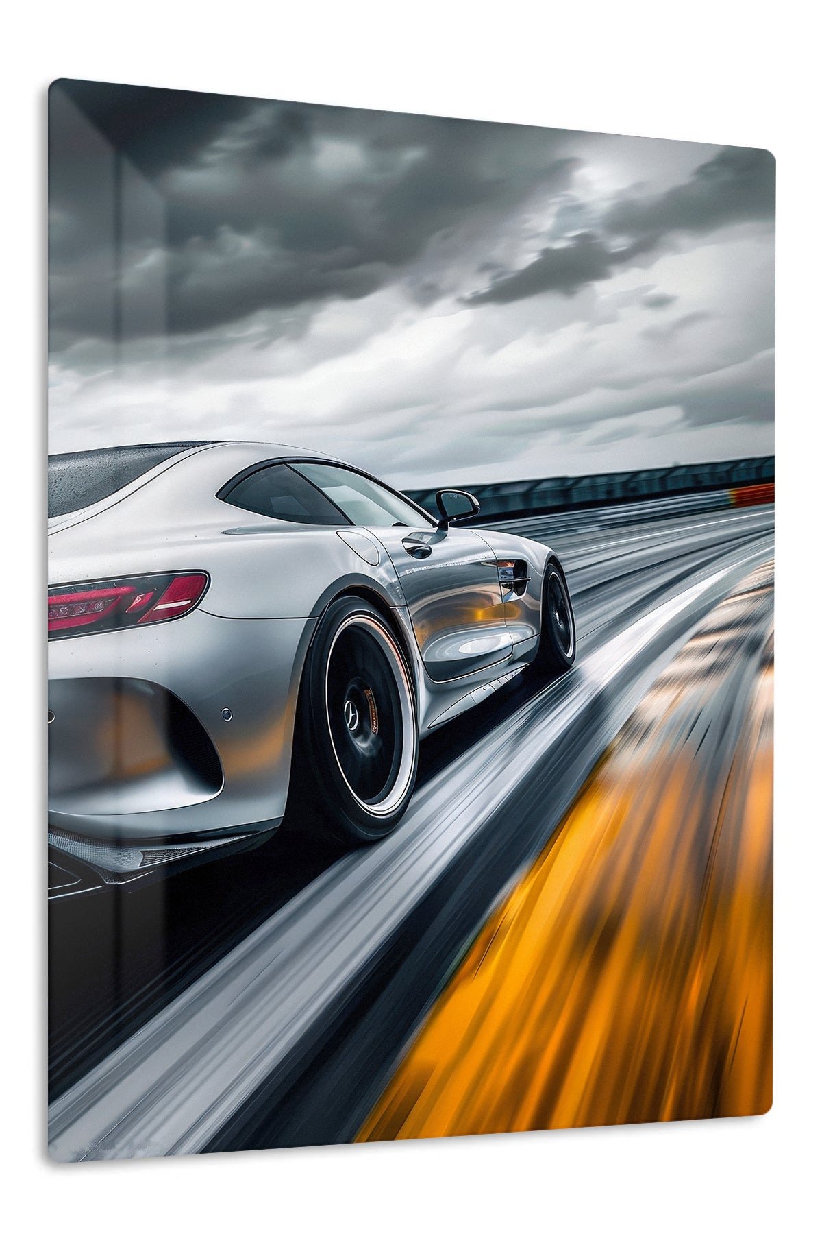 Silver Sports Coupe Under Storm Clouds metal wall art print