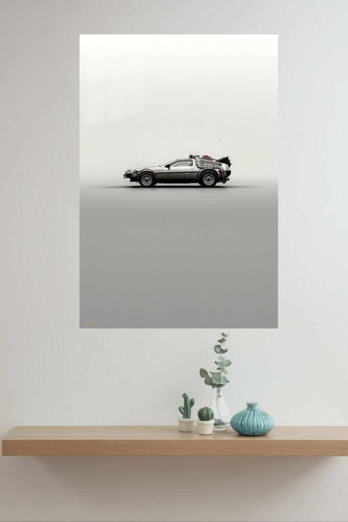Retro Futuristic Silver Coupe metal wall art in a modern interior