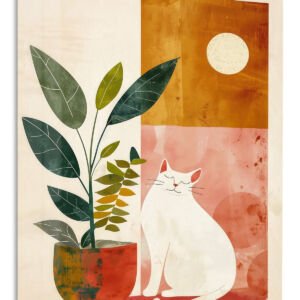 Moonlit Cat and Houseplant metal wall art print