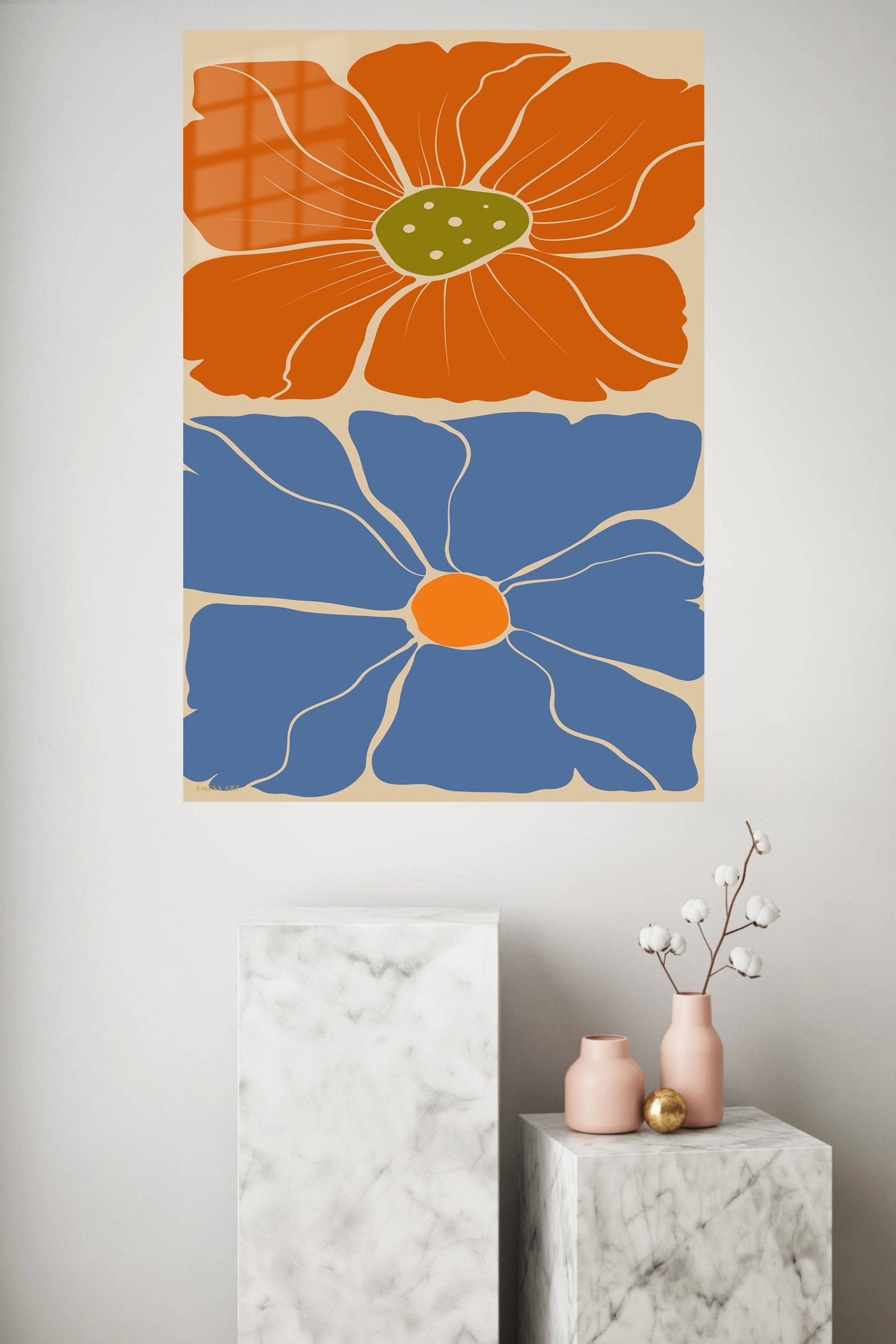 Terracotta and Blue Floral Duo metal wall art print, view 4