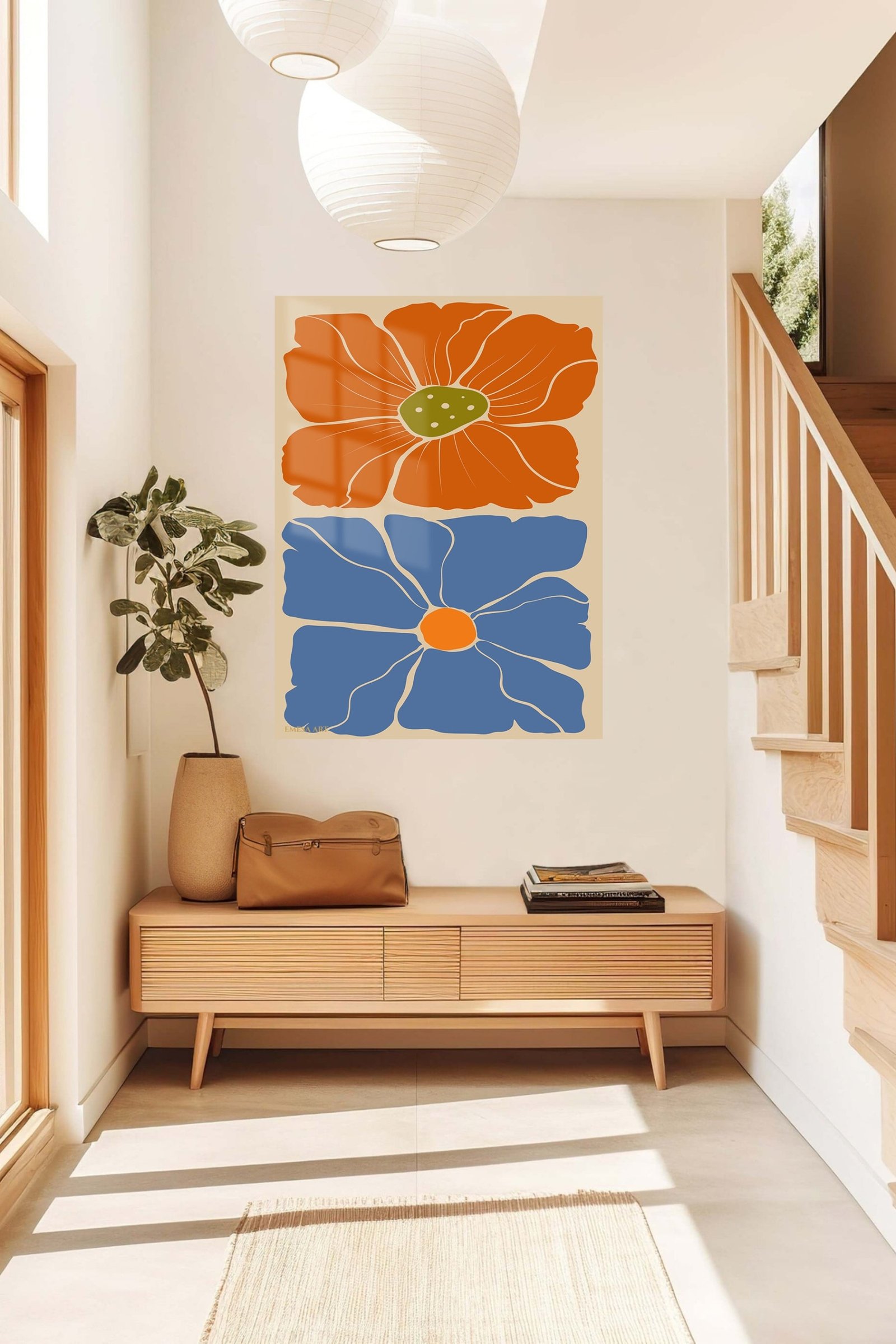 Terracotta and Blue Floral Duo metal wall art print, view 5