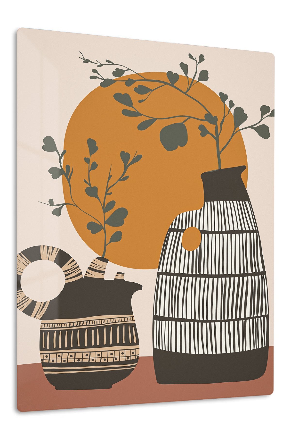 Terracotta Sun and Patterned Vases metal wall art print