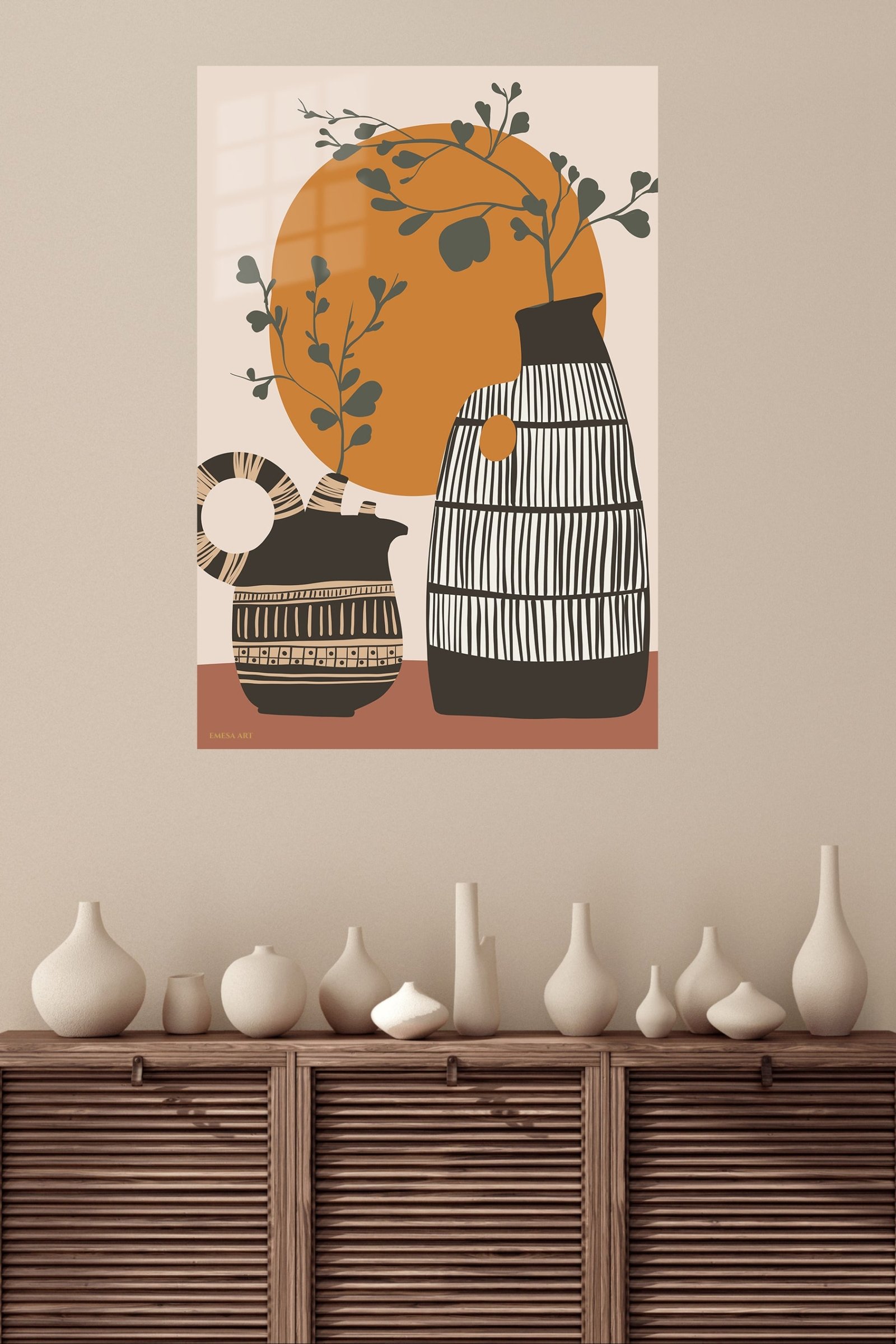 Terracotta Sun and Patterned Vases metal wall art print, view 4