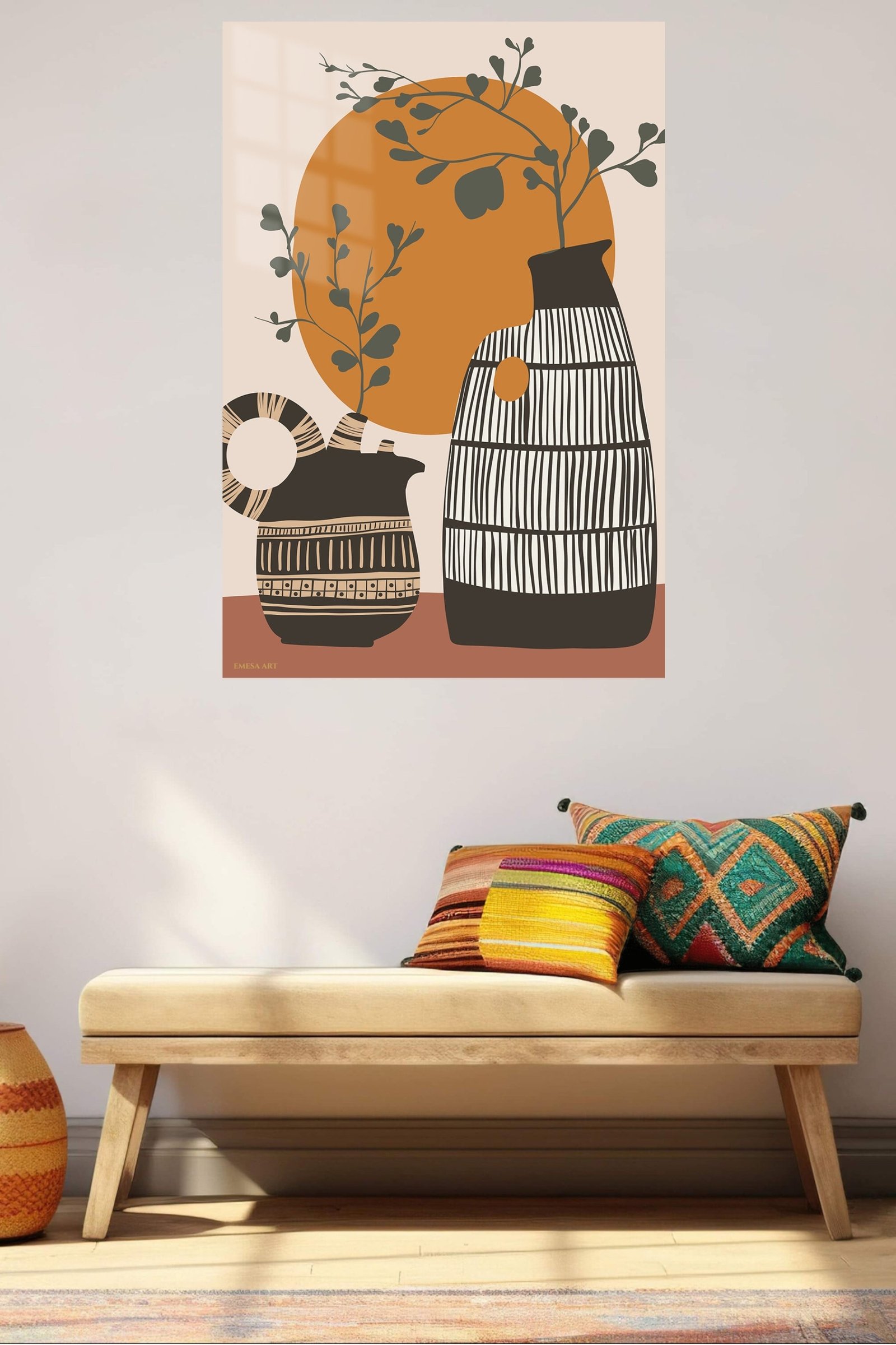 Terracotta Sun and Patterned Vases metal wall art print, view 5