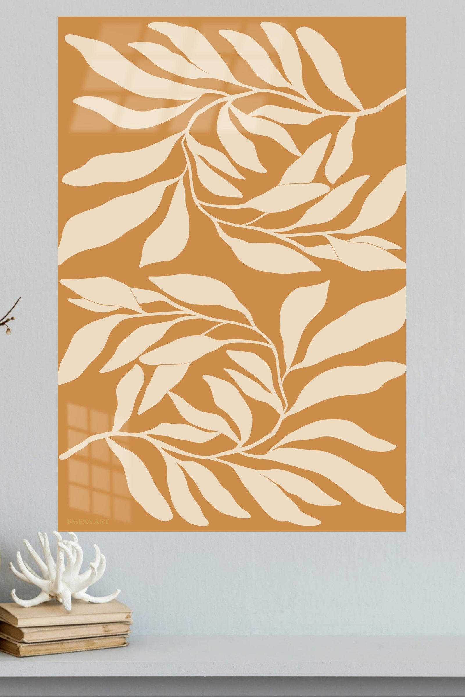 Cream Leaf Silhouettes on Ochre metal wall art print, view 4