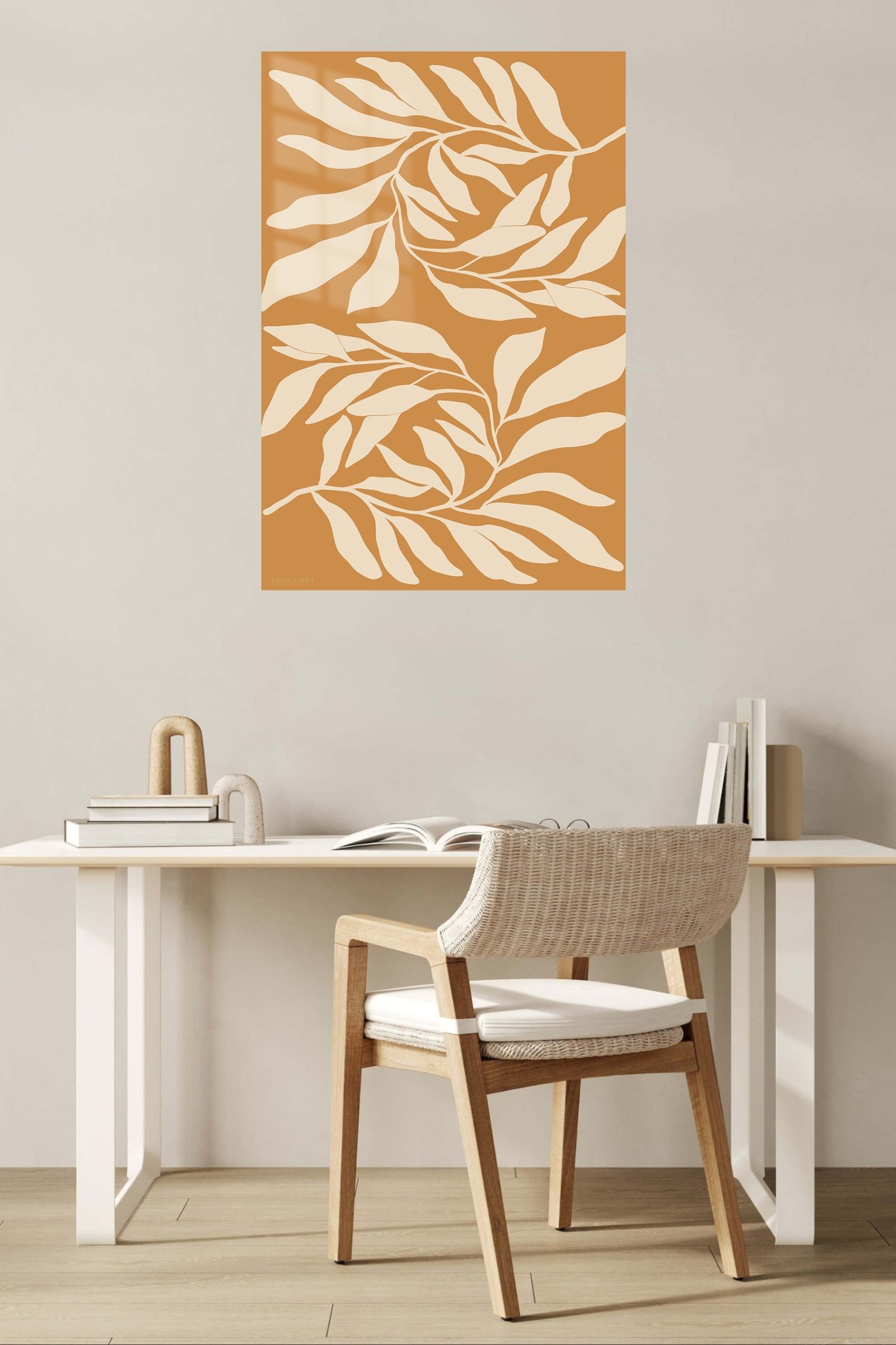Cream Leaf Silhouettes on Ochre metal wall art print, view 5