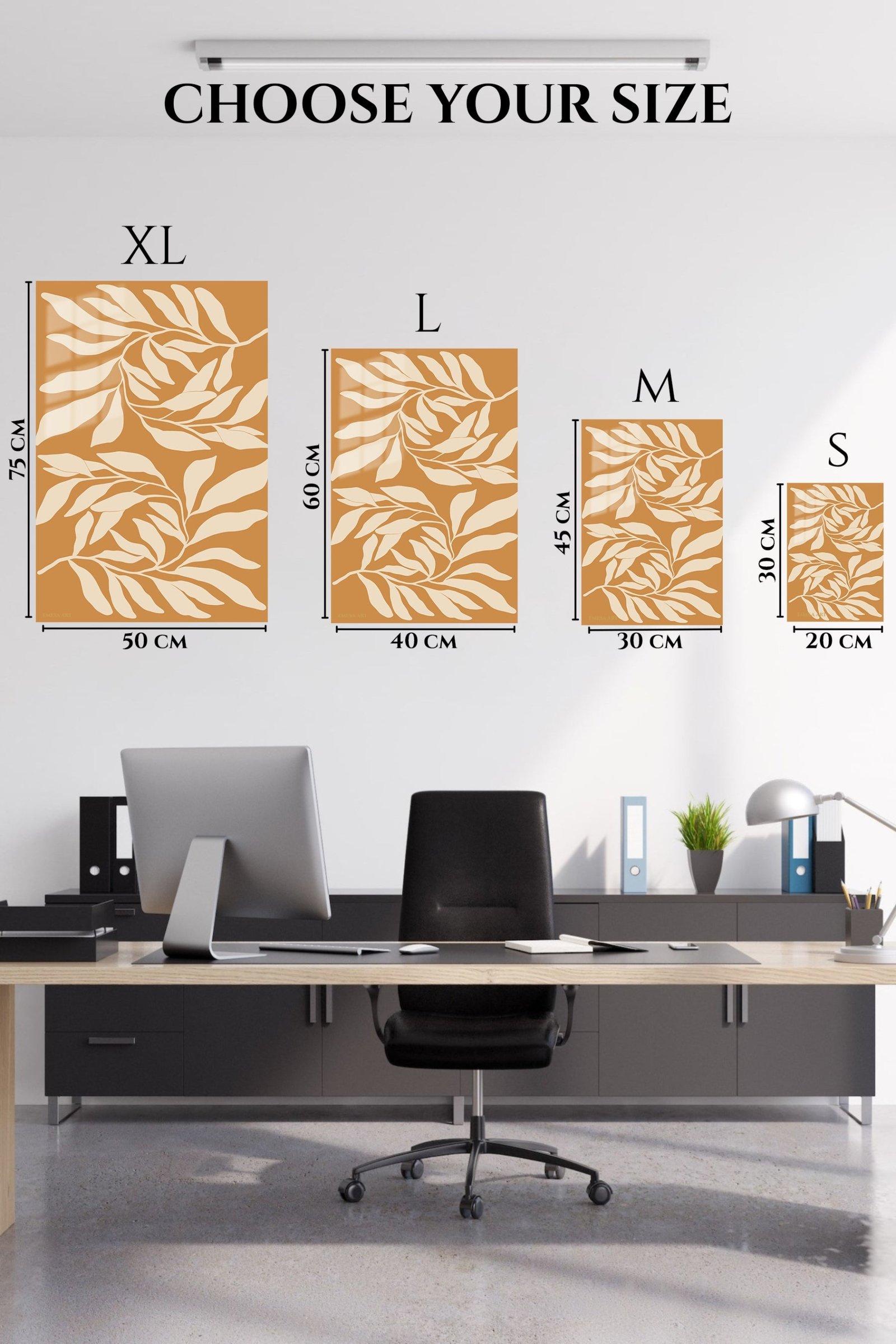 Cream Leaf Silhouettes on Ochre metal wall art print, view 6